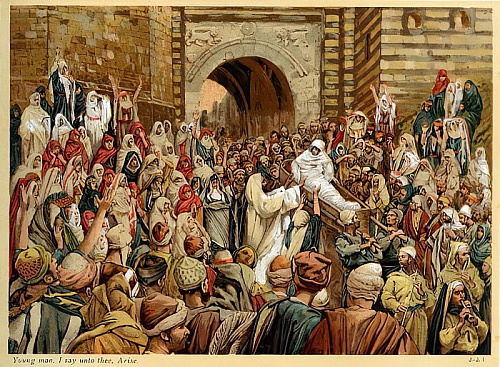 И подойдя, прикоснулся к одру, сказав: "Юноша..."